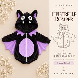 Pode incluir: Um macacão com capuz preto e roxo com tema de morcego, zíper frontal, presas brancas e mangas em forma de asa. O texto diz PDF PATTERN PIPISTRELLE ROMPER, Sizes: 3-6M, 6-12M, 12-18M, 18-24M, 2-3Y, 3-4Y, Beginner Friendly e CERISA PATTERN.