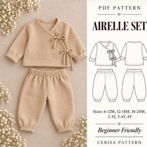 Knit Wrap Cardigan and Pants Sewing Pattern PDF | Toddler Sweater Set with Bow Ties | Cozy Outfit | Sizes 6M-4Y | Airelle