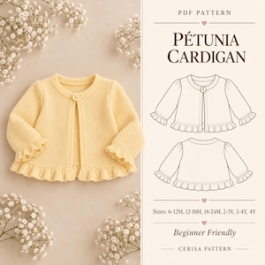 Puede incluir: Una rebeca de punto amarillo pálido con mangas largas, puños con volantes y dobladillo con volantes, con un cierre de un solo botón. Junto a ella, un patrón en PDF titulado PÉTUNIA CARDIGAN muestra dibujos técnicos y tallas.