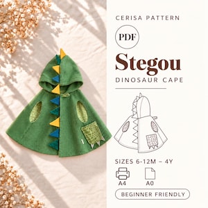Può includere: Una mantella da dinosauro verde con cappuccio, punte triangolari gialle e blu lungo il cappuccio e la schiena, e una tasca con dettagli a forma di artiglio. Il testo recita Cerisa Pattern PDF Stegou Dinosaur Cape Sizes 6-12M-4Y A4 A0 Beginner Friendly.