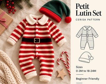 Op de afbeelding: Een PDF-patroon voor een Petit Lutin Set van Cerisa Pattern, met een rood-wit gestreepte babyromper met witte kraag, een zwarte riem met gesp en een groen-rode muts met pompon, inclusief lijntekeningen van het ontwerp.