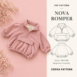 Op de afbeelding: Een oudroze romper met lange mouwen, een kwartritssluiting, elastische boorden en een voorzak. De afbeelding bevat de tekst PDF PATTERN NOVA ROMPER, technische lijntekeningen van het kledingstuk en de maten 0M-24M.