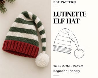 Op de afbeelding: Een PDF-patroon voor een Lutinette elfenmuts met een gebreide muts met groene en witte horizontale strepen, een rode geribbelde rand en een witte pompon. De tekst luidt PDF PATTERN, LUTINETTE ELF HAT, Sizes: 0-3M - 18-24M, Beginner Friendly, CERISA PATTERN.