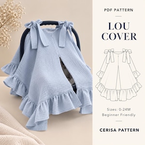 Könnte beinhalten: Ein hellblauer Babyschalenbezug mit gerüschtem Saum und zwei Bindebändern. Das Produkt wird als PDF-Schnittmuster namens Lou Cover von Cerisa Pattern präsentiert, inklusive einer Strichzeichnung und dem Hinweis auf die Größen 0-24M.