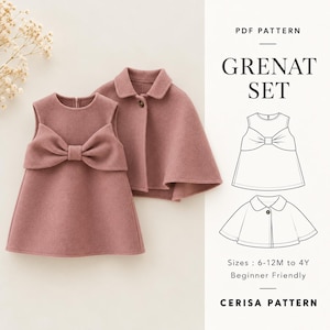 Könnte beinhalten: Ein ärmelloses Kleid in Altrosa mit einer großen Schleife auf der Vorderseite und einem passenden Cape mit Kragen. Das Set enthält ein PDF-Schnittmuster namens GRENAT SET, Größen 6-12M bis 4Y, anfängerfreundlich. Schlichte Form mit einem Knopf.