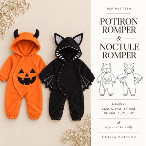 Peut inclure: Un patron PDF pour une barboteuse Potiron et une barboteuse Noctule montrant deux modèles à capuche : une orange avec un visage de citrouille et des cornes, et une noire avec des ailes de chauve-souris et des oreilles. Inclut des croquis.