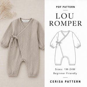 Schnittmuster für einen Baby-Kimono-Strampler (PDF) | Wickel-Overall mit langen Ärmeln | Gesteppter Strampler aus Gaze mit seitlichen Bindebändern | Größen 0–24 Monate | Lou Strampler