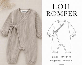 Op de afbeelding: Een beige romper met lange mouwen, een overslagontwerp, een striksluiting aan de zijkant en elastische boorden. De afbeelding bevat een technische lijntekening met het label PDF PATTERN LOU ROMPER voor maten 1M-24M.