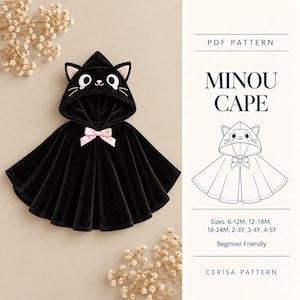 Puede incluir: Una capa de terciopelo negro con capucha que incluye orejas de gato, ojos bordados en blanco y un pequeño lazo rosa en el cuello. El texto dice PDF PATTERN MINOU CAPE, Sizes: 6-12M, 12-18M, 18-24M, 2-3Y, 3-4Y, 4-5Y, Beginner Friendly, CERISA PATTERN.