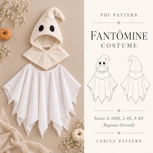 Puede incluir: Un patrón en PDF para un disfraz Fantômine que incluye una capucha color crema con parches oculares negros y un poncho blanco con dobladillo dentado. El documento incluye dibujos técnicos del disfraz, tallas 6-24M, 2-4Y, 5-6Y y el texto Cerisa Pattern.