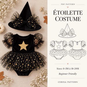 Baby Witch Costume Sewing Pattern PDF | Halloween Romper with Tulle Skirt & Witch Hat | Sizes 0-24M | Étoilette Costume