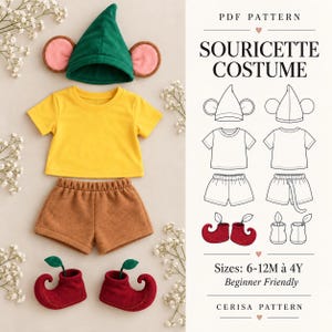 May include: A PDF pattern for a Souricette costume featuring a green pointed hat with pink-lined ears, a yellow short-sleeved shirt, brown shorts, and red curled-toe shoes. The document includes line drawings of the items and text: PDF PATTERN SOURICETTE COSTUME.