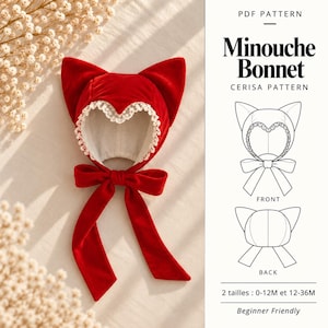 Mönster för kattöronhatt i PDF-format | Sammetshuva med spets och rosett | Halloween-kattdräkthatt | Storlekar S M L | Minouche