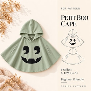 Patrón de costura en PDF para poncho fantasma | Capa con capucha para niños de Halloween | Poncho fácil para disfraz de niño pequeño | Tallas 6M-5Y | Capa Little Boo