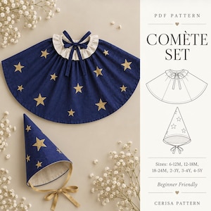 Patrón de costura en PDF para disfraz de mago | Capa y sombrero cónico para niños | Conjunto de disfraz de estrella para Halloween | Tallas 6M-5Y | Cometa