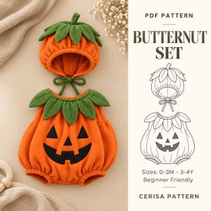 May include: A pumpkin-themed outfit set including a hat and a romper, both in orange with green leaf accents. The romper features a black jack-o'-lantern face. Text reads: PDF PATTERN BUTTERNUT SET, Sizes: 0-3M - 3-4Y, Beginner Friendly, CERISA PATTERN.