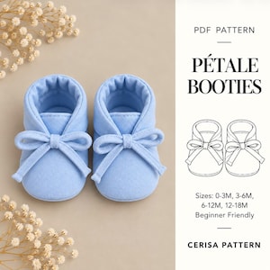 Baby Booties Sewing Pattern PDF | Soft Sole Baby Shoes with Petal Cuff | Newborn Slippers | Sizes 0-3M to 12-18M | Petal Booties