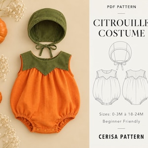 Puede incluir: Un patrón en PDF para un disfraz de calabaza que incluye un pelele naranja con canesú verde y un gorro a juego. El documento incluye dibujos técnicos de la prenda, tallas de 0-3M a 18-24M y el texto CITROUILLE COSTUME.