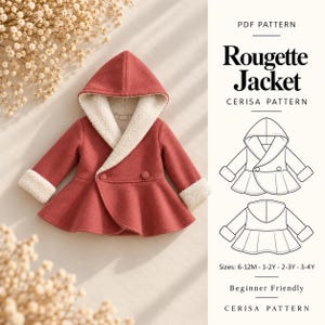 Könnte beinhalten: Eine rote Jacke mit weißem, sherpa-gefüttertem Kapuzen- und Ärmelsaum, mit Wickeloptik, zwei Knöpfen und ausgestelltem Saum. Das Bild enthält den Text PDF PATTERN Rougette Jacket CERISA PATTERN sowie Strichzeichnungen des Jackendesigns.