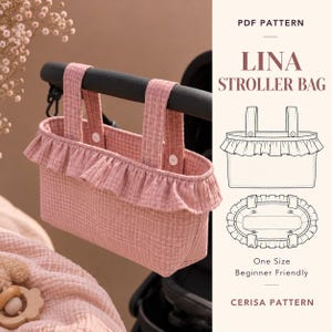 May include: A dusty pink stroller bag with a textured grid pattern, featuring a ruffled trim along the top edge and two vertical straps with white snap buttons. The image includes a technical line drawing labeled PDF PATTERN LINA STROLLER BAG.