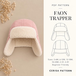 Può includere: Un cappello da trapper rosa con fodera in sherpa color crema. L'immagine include il testo: PDF PATTERN FAON TRAPPER, taglie 3-6M, 6-12M, 12-18M, 18-24M, 2-3Y, 3-4Y, Beginner Friendly e CERISA PATTERN, insieme a un disegno del cappello.
