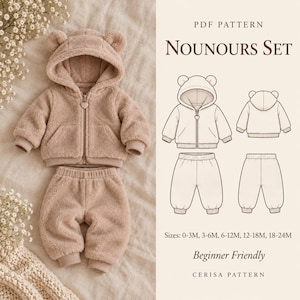 Könnte beinhalten: Ein beiges Fleece-Set für Babys, bestehend aus einer Kapuzenjacke mit Bärenohren und passender Hose. Der Text lautet PDF PATTERN NOUNOURS SET, Sizes: 0-3M, 3-6M, 6-12M, 12-18M, 18-24M, Beginner Friendly, CERISA PATTERN mit technischen Zeichnungen.