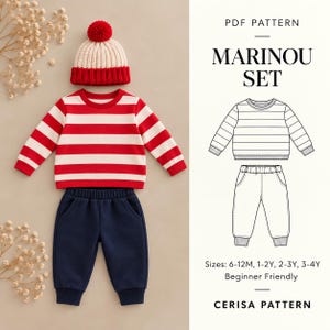 Puede incluir: Un patrón en PDF para el conjunto Marinou, que incluye una camiseta de manga larga con rayas horizontales rojas y blancas, pantalones azul marino lisos y un gorro a juego con un pompón rojo. Incluye dibujos técnicos y tallas disponibles.