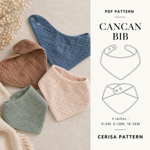 May include: Four triangular baby bibs in blue, brown, sage green, and light pink muslin fabric with snap closures. The right side displays a PDF pattern titled CANCAN BIB by CERISA PATTERN, showing line drawings and sizes 0-6M, 6-18M, 18-36M.