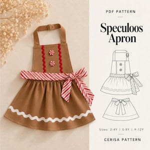 May include: A brown apron featuring a red wavy trim, two peppermint-style buttons, and a red and white striped waist tie. The bottom hem has a white wavy trim. Text reads PDF PATTERN Speculoos Apron, Sizes: 2-4Y | 5-8Y | 9-12Y, CERISA PATTERN.