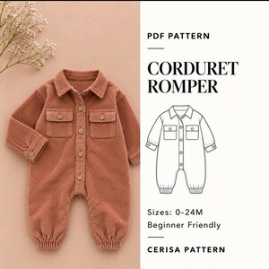 Peut inclure: Une barboteuse en velours côtelé couleur rouille avec un col, des manches longues, une fermeture boutonnée et deux poches poitrine. Le texte indique PDF PATTERN CORDURET ROMPER, Sizes: 0-24M, Beginner Friendly, CERISA PATTERN.