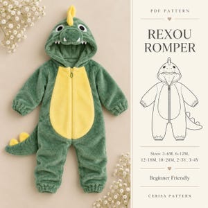 Puede incluir: Un pelele de felpa verde y amarillo con capucha de dinosaurio con dientes blancos y cresta amarilla. El pelele tiene cremallera frontal y cola. El texto dice PDF PATTERN REXOU ROMPER, Sizes: 3-6M, 6-12M, 12-18M, 18-24M, 2-3Y, 3-4Y.