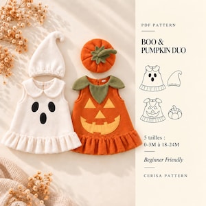 Può includere: Un cartamodello PDF intitolato BOO & PUMPKIN DUO per un vestito da fantasma con cappello abbinato e un vestito da zucca con cappello abbinato. Il testo include 5 tailles: 0-3M à 18-24M e Beginner Friendly. Il vestito da fantasma è bianco, quello da zucca è arancione.