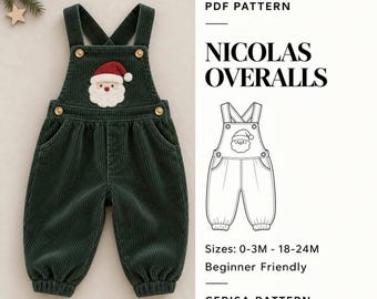 Op de afbeelding: Donkergroene corduroy tuinbroek met een kerstman-applicatie op de borst. Het PDF-patroon bevat een lijntekening van de tuinbroek, de tekst "NICOLAS OVERALLS", "Sizes: 0-3M - 18-24M", "Beginner Friendly" en "CERISA PATTERN".