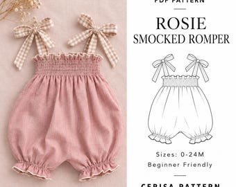 Op de afbeelding: Een oudroze gesmokte romper met beige en witte gingham strikbandjes. De afbeelding bevat een PDF PATTERN label, de tekst ROSIE SMOCKED ROMPER, een lijntekening van het kledingstuk, maten 0-24M en de tekst CERISA PATTERN.