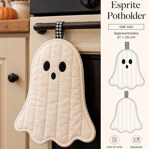 May include: A cream-colored ghost-shaped potholder with black embroidered eyes and mouth, featuring a black and white checkered hanging loop. The text reads PDF SEWING PATTERN Esprite Potholder ONE SIZE Approximately 21 x 25 cm.