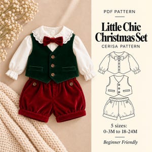 Patrón de costura en PDF para conjunto navideño de bebé niño | Conjunto de chaleco, camisa y pantalón corto | Traje formal de fiesta con pajarita | Tallas 0-24M | Conjunto navideño elegante