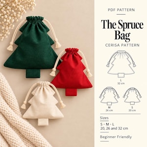 Op de afbeelding: Een PDF-patroon voor The Spruce Bag van Cerisa Pattern, met drie boomvormige trekkoordzakjes in donkergroen, rood en crème. Inclusief lijntekeningen met maten S, M en L, van respectievelijk 20, 26 en 32 cm.