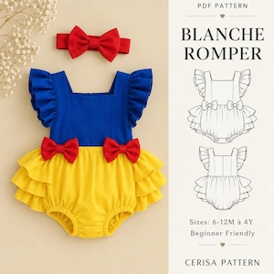 May include: A blue and yellow romper with ruffled sleeves and two red bows at the waist, paired with a matching red bow headband. The image includes a PDF pattern label, technical line drawings of the garment, and text reading BLANCHE ROMPER.
