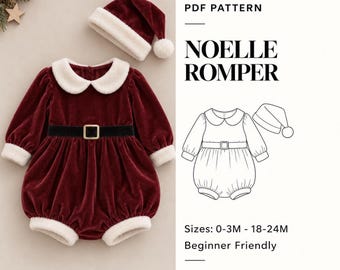 Op de afbeelding: Een PDF-patroon voor de Noelle-romper, bestaande uit een donkerrode fluwelen romper met lange mouwen, een witte imitatiebontkraag en boorden, een zwarte riem met een gouden gesp en een bijpassende muts. Inclusief een lijntekening en tekst.