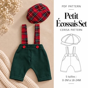 Mönster för babyhängslen och mössa i PDF-format | Tartanhatt | Julkläder för pojkar | Storlekar 0-24M | Little Scotsman-set