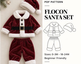 Op de afbeelding: Een PDF-patroon voor een Flocon kerstman-set, inclusief een donkerrood fluwelen jasje met witte imitatiebontrand, een zwarte riem met gouden gesp, bijpassende broek en een kerstmuts. De afbeelding toont het afgewerkte kledingstuk en een technische lijntekening.
