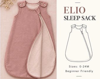 Op de afbeelding: Een mouwloze slaapzak in oudroze met een diagonale ritssluiting en drukknopen op de schouders. De tekst luidt PDF PATTERN ELIO SLEEP SACK, Sizes: 0-24M, Beginner Friendly, CERISA PATTERN, vergezeld van een zwart-witte lijntekening.