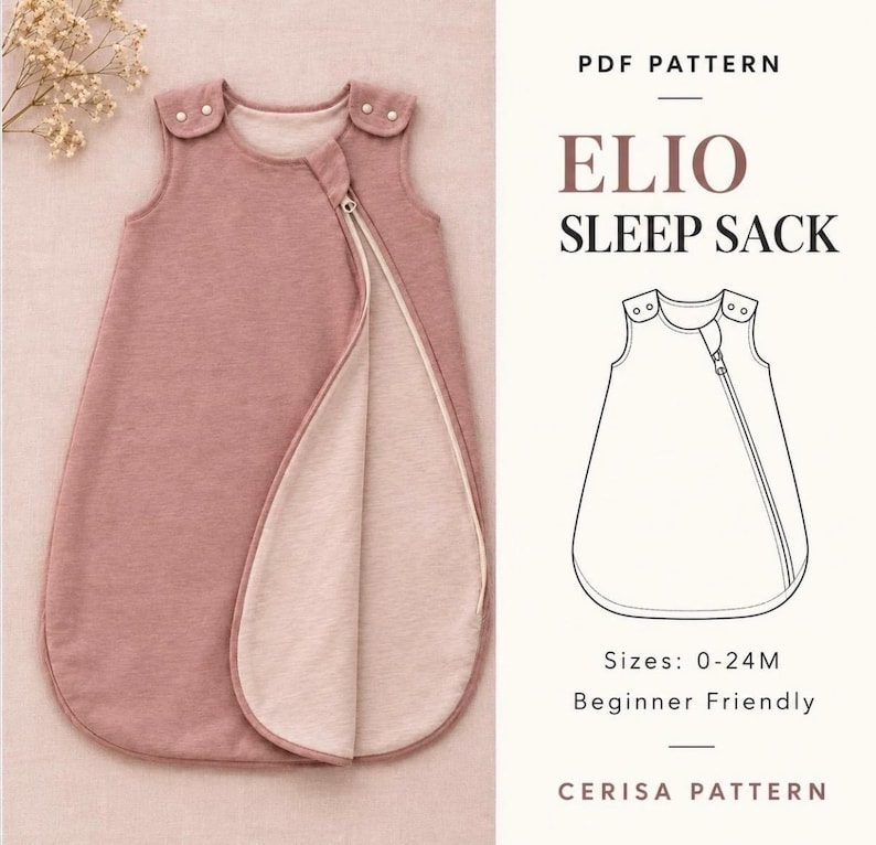 K&ouml;nnte beinhalten: Ein &auml;rmelloser Schlafsack in Altrosa mit diagonalem Rei&szlig;verschluss und Schulterdruckkn&ouml;pfen. Der Text lautet PDF PATTERN ELIO SLEEP SACK, Sizes: 0-24M, Beginner Friendly, CERISA PATTERN, erg&auml;nzt durch eine schwarz-wei&szlig;e Strichzeichnung.