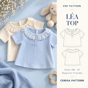 May include: A PDF pattern for the Léa Top, featuring a short-sleeved shirt with a ruffled eyelet collar and a button-front placket. The image displays a light blue top and a cream top, alongside a technical line drawing of the garment design.