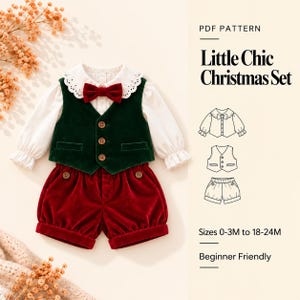 Baby Boy Christmas Outfit Sewing Pattern PDF | Vest Shirt and Shorts Set | Formal Holiday Suit with Bow Tie | Sizes 0-24M | Noël Chic Set