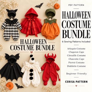 May include: A PDF pattern bundle for six Halloween costumes including an arlequin outfit, red cape, pumpkin romper, bat cape, pierrot suit, and devil costume. The text reads Halloween Costume Bundle, 6 Sewing Patterns Included, and Cerisa Pattern.