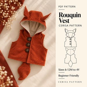 Könnte beinhalten: Eine rostfarbene Cordweste mit Kapuze, Fuchsohren und einem Schwanz. Die Weste hat drei Zierknöpfe und ein helles Innenfutter. Der Text auf dem Bild lautet: PDF PATTERN, Rouquin Vest, CERISA PATTERN, Sizes 6-12M to 4Y, Beginner Friendly.
