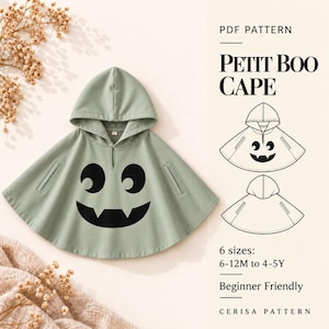 Naaipatroon voor een spookponcho (PDF) | Halloweencape met capuchon voor kinderen | Eenvoudige poncho voor peuterkostuums | Maten 6 maanden t/m 5 jaar | Kleine Boo-cape