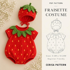 Può includere: Una tutina e un cappellino a forma di fragola rossa con colletti a foglia verde e semi gialli. Il testo recita PDF PATTERN FRAISETTE COSTUME, Sizes: 0-3M a 18-24M, Beginner Friendly, CERISA PATTERN, accompagnato da un disegno del modello.