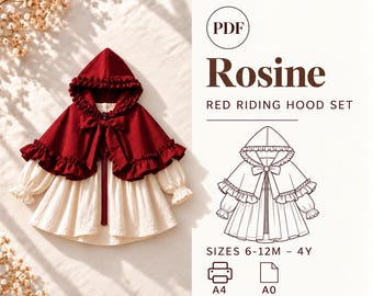 Op de afbeelding: Een PDF-naaipatroon voor de Rosine Red Riding Hood set, bestaande uit een donkerrode cape met capuchon, ruches en een strik, gecombineerd met een crèmekleurige jurk met lange mouwen. De tekst bevat Cerisa Pattern, Rosine, Red Riding Hood Set, Sizes 6-12M-4Y, A4, A0 en Beginner Friendly.